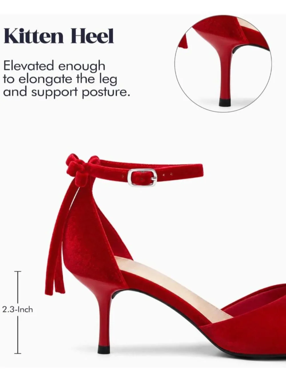 Women's Red Kitten Low Heels Closed Pointed Toe Pumps Bow Ankle Strap Shoes